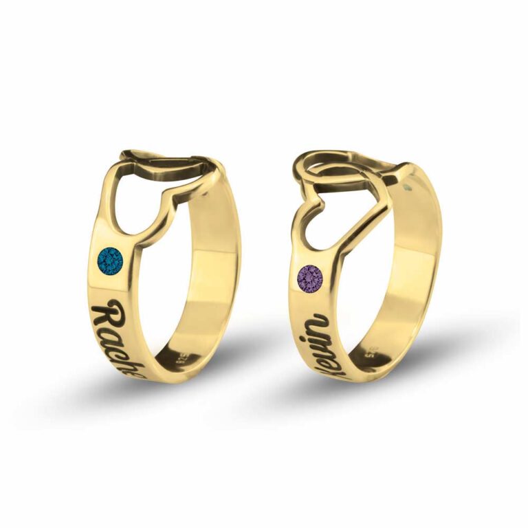 Birthstone Ring with Engraved Hearts and Names