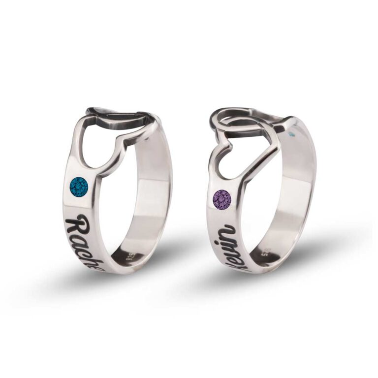 Birthstone Ring with Engraved Hearts and Names
