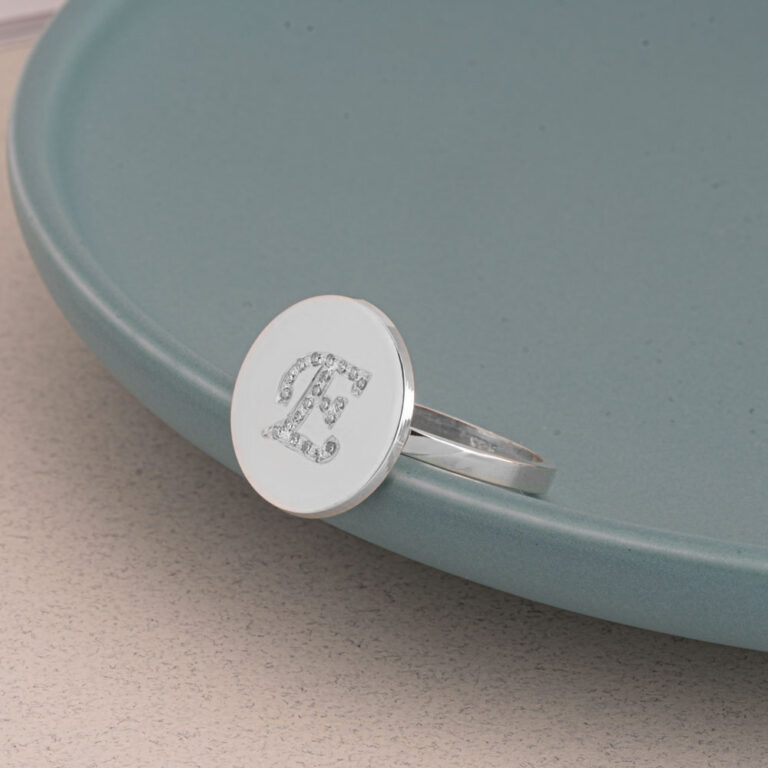 Engraved Initial Round Ring with Cubic Zirconia