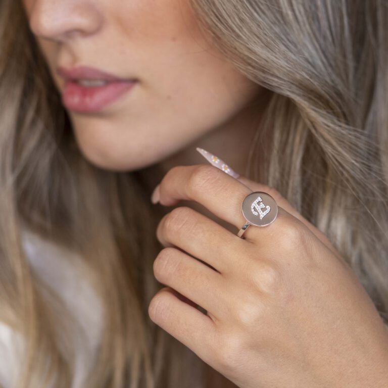 Engraved Initial Round Ring with Cubic Zirconia